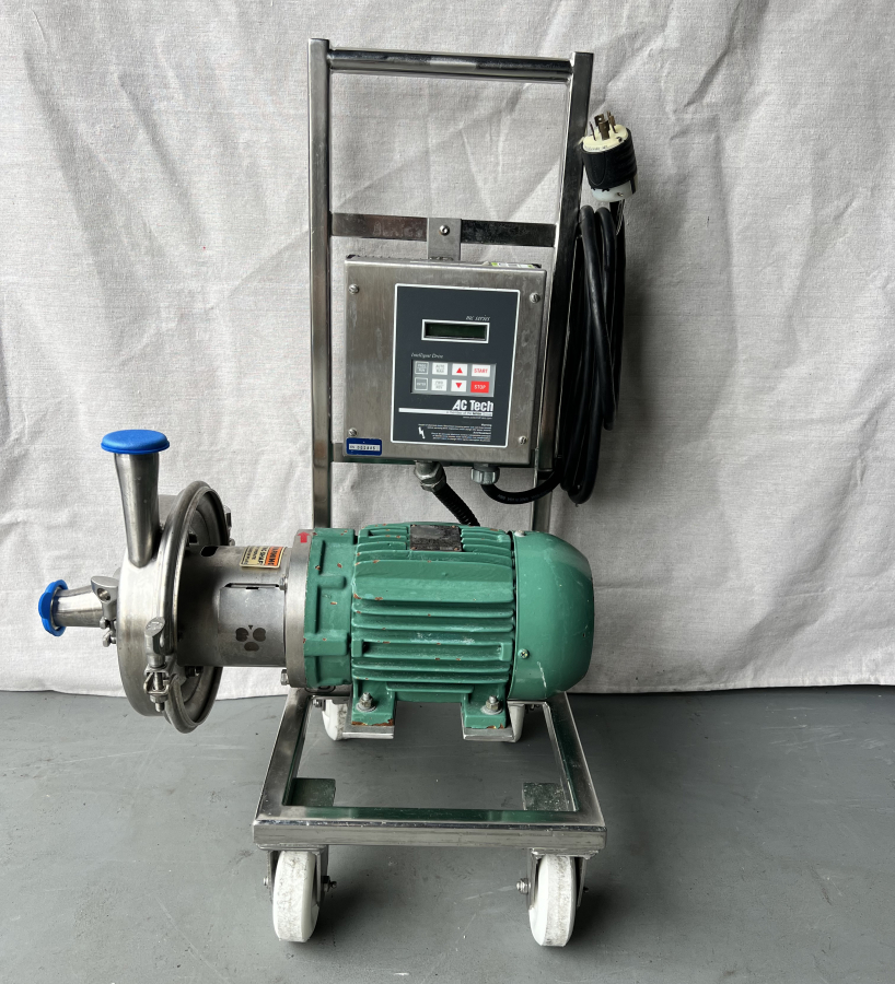 Green AC Tech M1220E Intelligent Drive, WEG 3500 RPM Motor, Tri-Clover SS Centrifugal Pump Head & cart; SN:020530738, photo 1 of 14