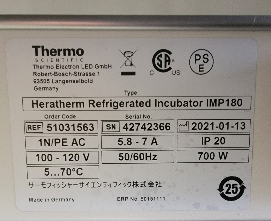 2021 Thermo Scientific Heratherm IMP180 Bechtop Refrigerated Incubator, 6.3 Cu Ft; SN:42742366, photo 12 of 12