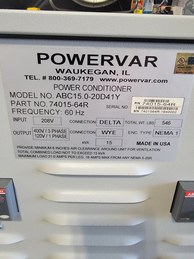 PowerVAR ABC15.0-20D41Y ABC2000 Series Power Conditioner KVA:15; IN:208v Delta; OUT:400V 3PH Wye; SN:7401564R-1640002, photo 7 of 9