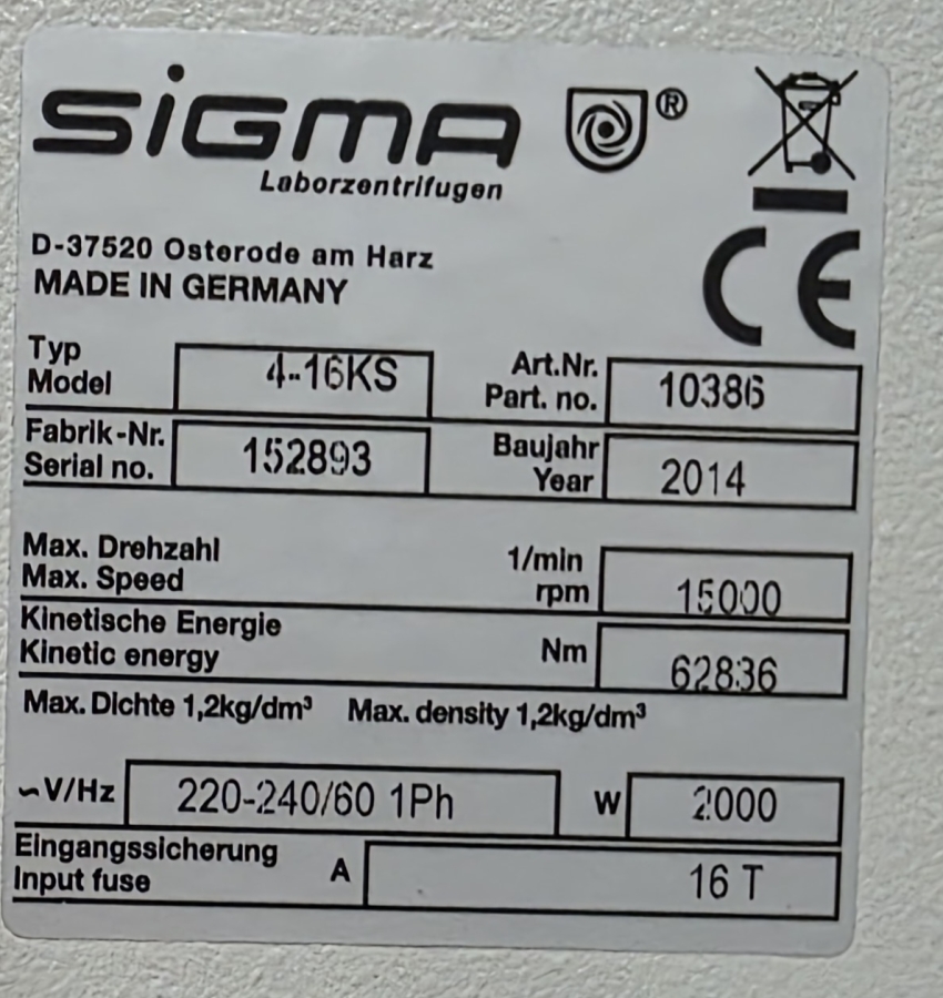 Sigma 4-16KS High Speed Refrigerated Benchtop Centrifuge (2014), photo 10 of 15