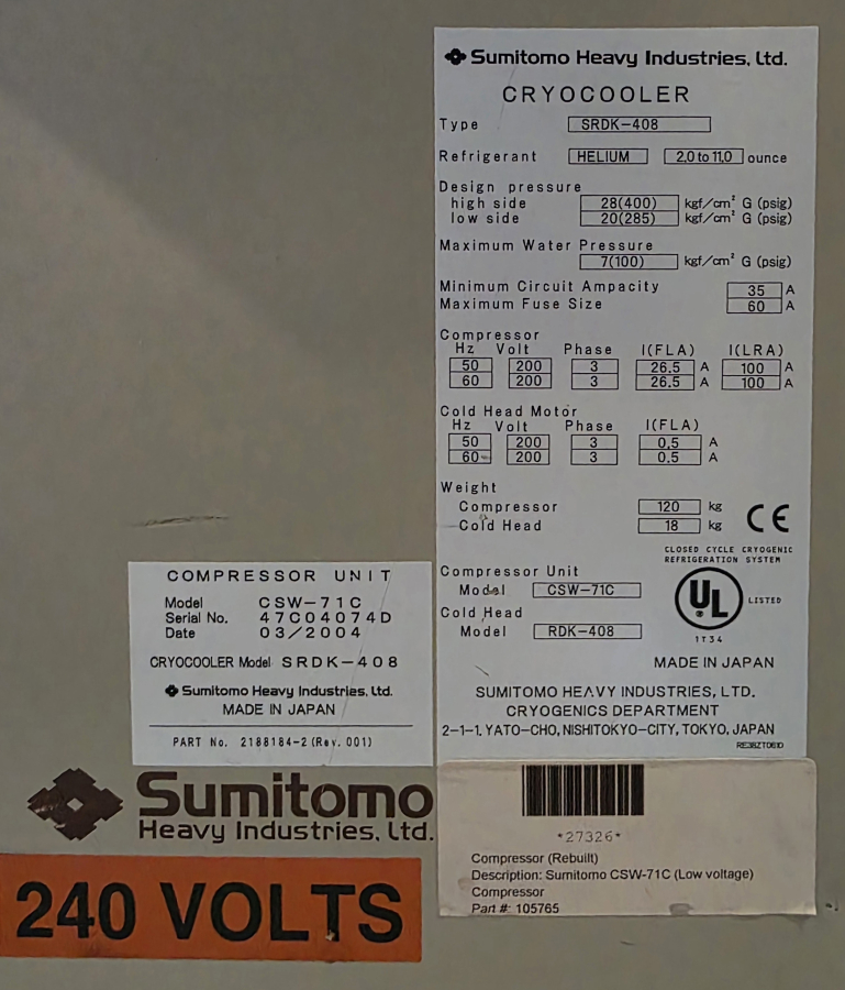 Sumitomo CSW-71D Helium Compressor P/N: 2188440-2, Type: SRDK-408; SN:47C04074D, photo 16 of 22