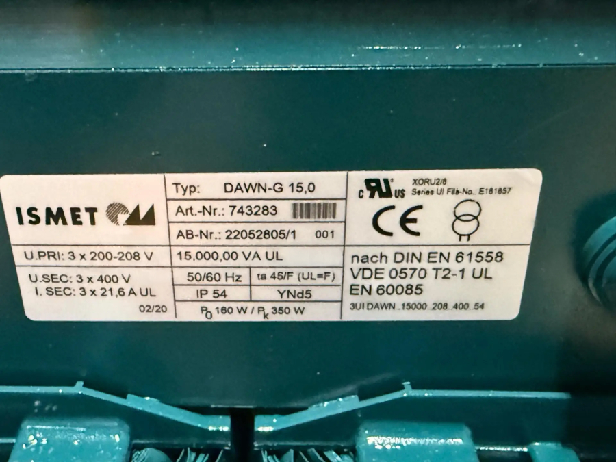 ISMET DAWN-G 15,0 Transformer, 15,000 VA, 3x200-208V, 3-phase, IP 54, Frequency 50/60 Hz, Insulation Class F, Dry-type cooling, nach DIN EN 61558, VDE 0570 T2-1 UL, EN 60085, Serial Number: 22052806/1, photo 4 of 12