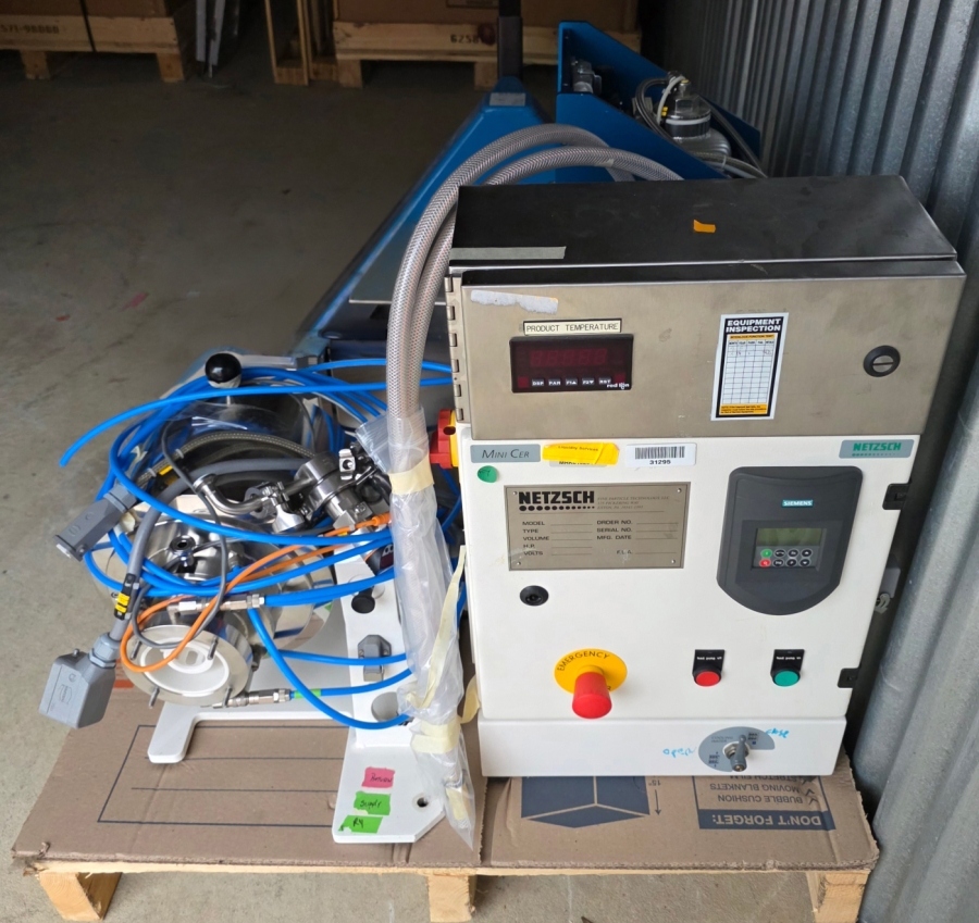 NETZSCH MiniCer 150ml Laboratory Agitator Bead Mill, Zirconia Wetted Path, w/ Feed/Pressure Vessel Module + Control Cabinet, photo 1 of 24